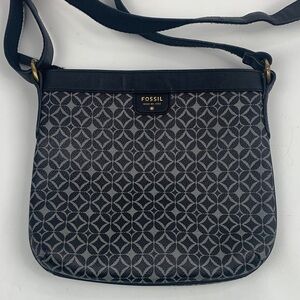 Fossil Black Gray Geometric Crossbody Shoulder Bag Brass Zipper Adjustable